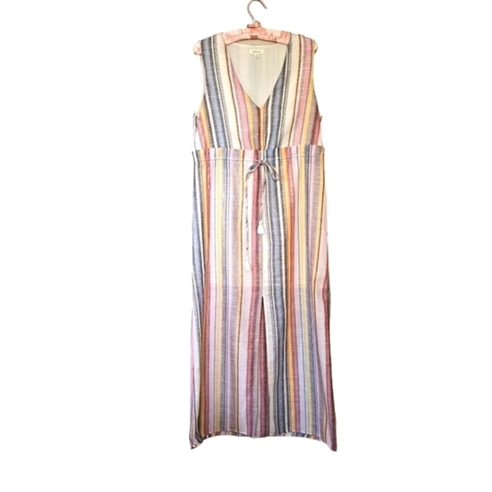 Gilli pastel tie tassle paper bag waist V Neck lined split front maxi dress Med.